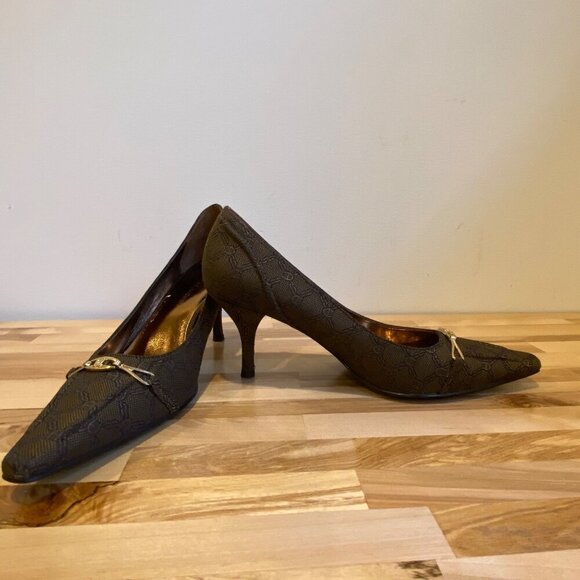 Etienne Aigner Brown Designer Patterned Kitten Heels tan brown gold bow Size 5.5 - Picture 7 of 16